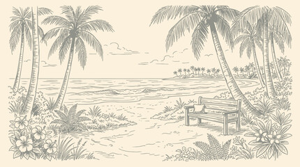 A serene Hand-drawn sketch of a beach scene with palm trees and a bench. © Crushin