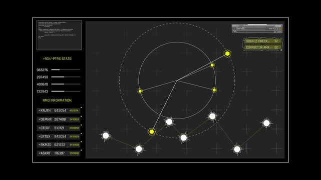 Futuristic Circular Radar HUD Interface with Rotating Scanner and Network Data Nodes