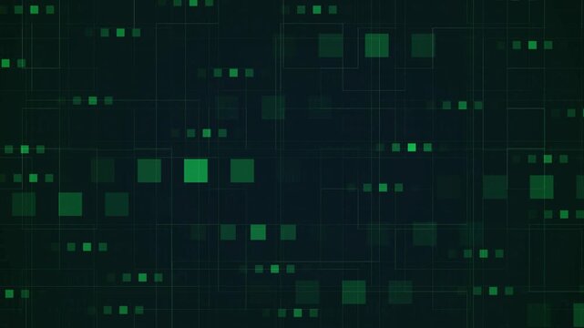 Digital grid animation with green neon data squares layout. Digital grid computing tech pattern background. Digital grid microchip hardware layout system.
