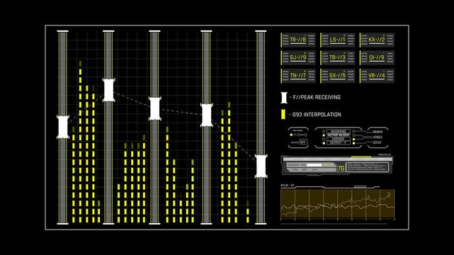 Futuristic Sci Fi HUD Peak Signal Receiver with G93 Data Interpolation Sliders and Audio Waveform Graph