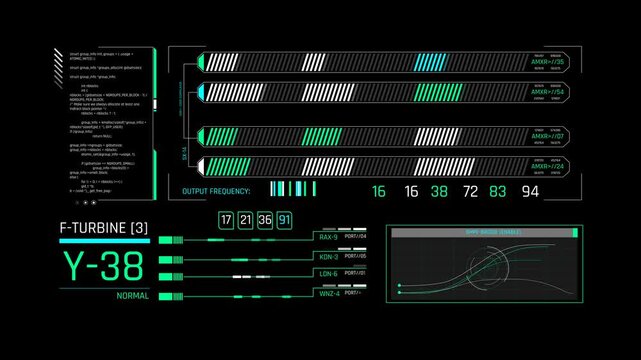 Futuristic Sci Fi HUD Turbine Control Dashboard to monitor real time engine power frequency analysis on screen overlay