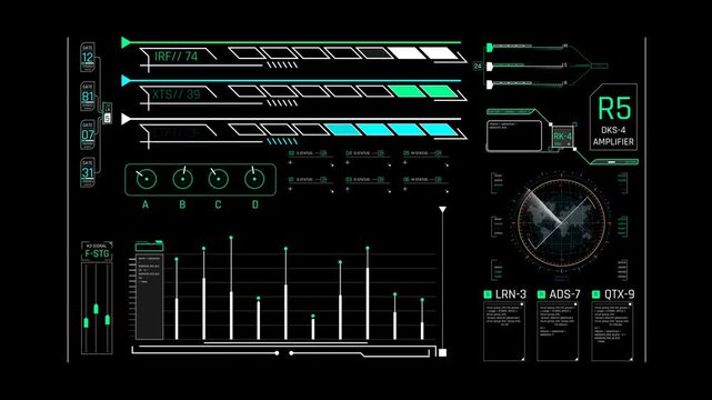 Futuristic Sci Fi HUD Amplifier Control Dashboard with rotating radar globe and equalizer graph to monitor network data