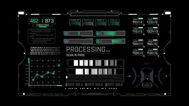 Futuristic Sci Fi HUD Processing Dashboard with turbulence graph to monitor system scan and network server data status