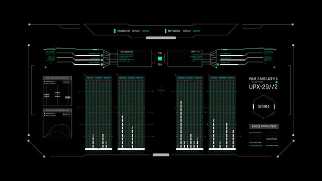 Futuristic Sci Fi HUD Stabilizer Dashboard to monitor real time server network data transfer inside a control center