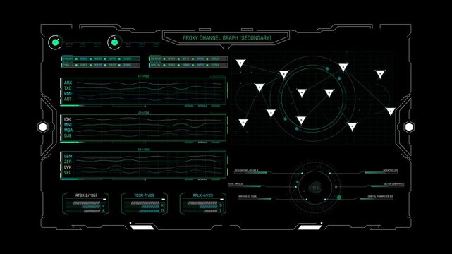 Futuristic HUD Proxy Channel Graph and Radar Scope Scanner on Sci Fi Control Screen to Monitor Space Signal Telemetry
