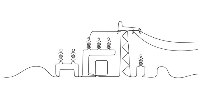 Single line abstract electrical substation. Continuous line drawing of power distribution station for electrical transmission. Utility infrastructure theme. Technical industrial style. One line vector