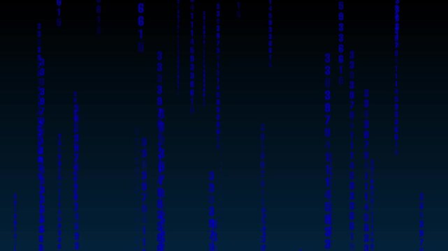 Binary code animation with blue falling numbers matrix style. Binary code digital data rain network. Binary code computer software technology visualization.
