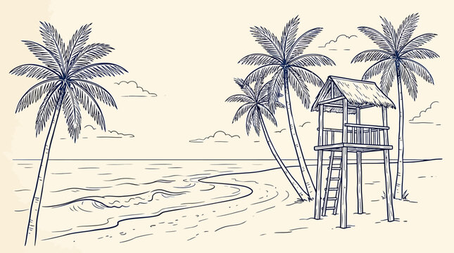 A serene Hand-drawn sketch of a tropical beach hut surrounded by palm trees.