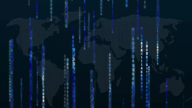 Binary code animation with blue matrix style falling numbers. Binary code global connectivity world map layout. Binary code international data network.