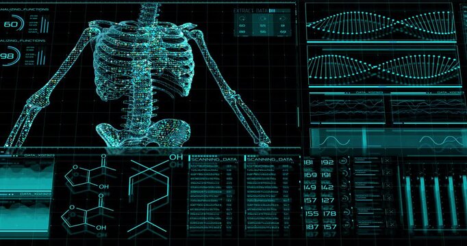 A glowing blue medical interface displays a digital human skeleton alongside DNA strands, chemical formulas, and scanning data.