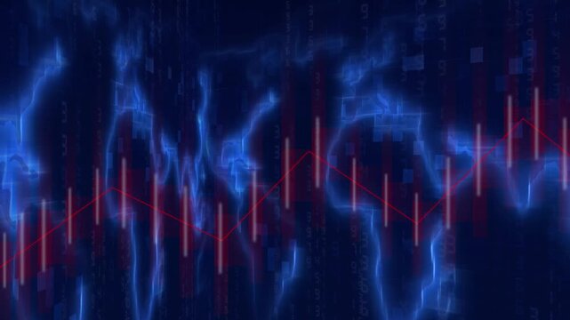 Financial chart animation with world map grid background. Financial graph red downward trend line market loss. Financial graph business stock failure data.
