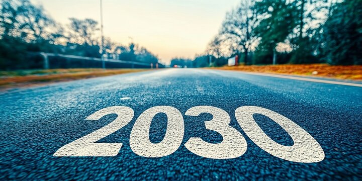 Open asphalt highway with number 2030 painted on it, symbolizing future goals and strategic planning