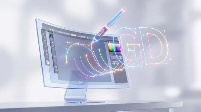 3D render of a computer monitor with a floating pen tool creating colorful bezier curves