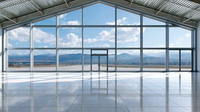 Modern airport terminal with large glass windows overlooking the tarmac and mountains