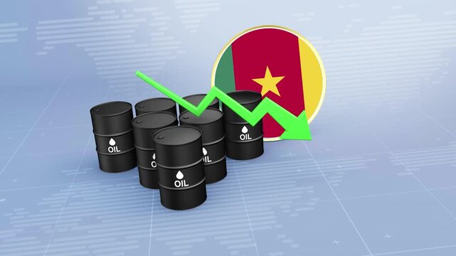 Cameroon Crude Oil Price Decline with Oil Barrels and Downward Green Arrow
