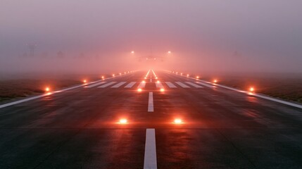 Obraz premium Airport runway at dawn with fog and landing lights guiding an aircraft