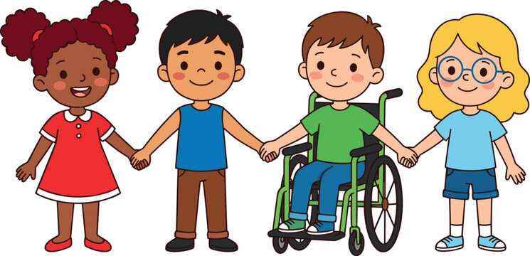 Diverse Group of Happy Diverse Children Holding Hands Including Boy in Wheelchair for Kids Education Inclusivity Disability and Friendship Concepts Vector