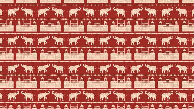 Looping 4K animation featuring a seamless ethnic pattern of Red Fort, decorated elephants, and ornamental borders in a traditional Indian style, ideal for cultural backgrounds, and digital displays.