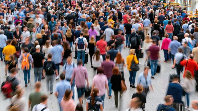 Busy airport terminal with a large crowd of people moving in motion blur