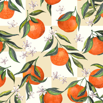Watercolor orange tree seamless pattern with citrus fruits and leaves