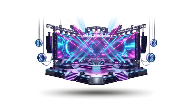 Futuristic concert stage 3d illustration with colorful neon light rays and speakers on white background