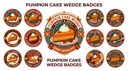 Naklejka premium Pumpkin Cake Wedge Badges Collection | Autumn Desserts Vector Icons