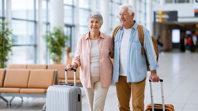 Elderly couple with luggage walking through a modern airport terminal together