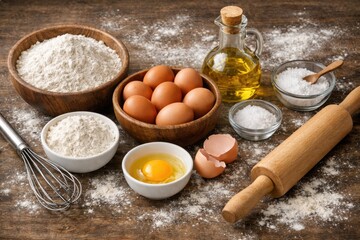 Fototapeta premium Baking ingredients with flour eggs oil salt whisk and rolling pin arranged on rustic wooden table
