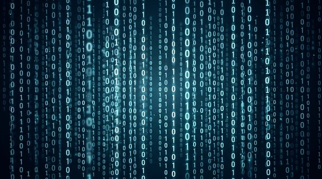 Visual representation of data flow with cascading binary numbers in a dark blue environment for cybersecurity and advanced software development marketing materials