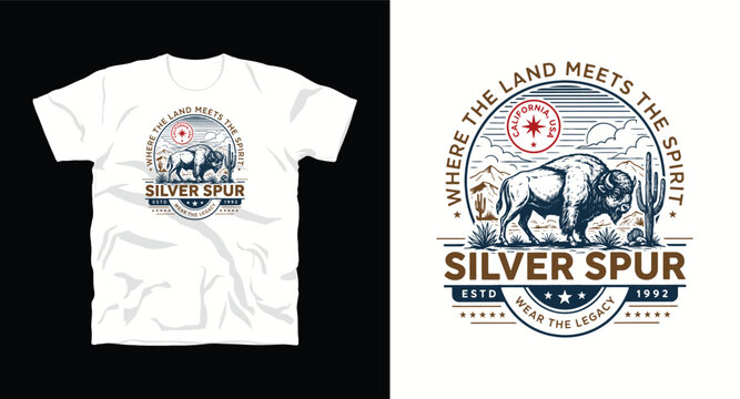 Silver spur where the land meets the spirit buffalo in desert landscape vintage logo with california usa seal.