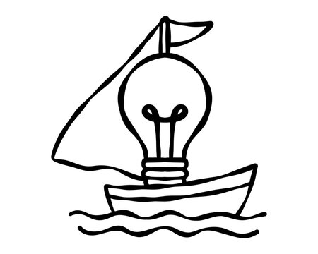 Sailboat carrying a light bulb beneath its sail, symbolizing an innovative voyage, entrepreneurial direction, navigation, exploration and a purposeful business journey. Vector illustration.