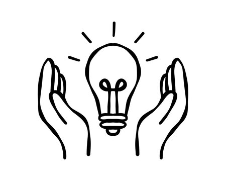 Hands gently holding a glowing light bulb, symbolizing support for ideas, protection, trust, care, helpful service, creative assistance and valuable innovation. Vector illustration.