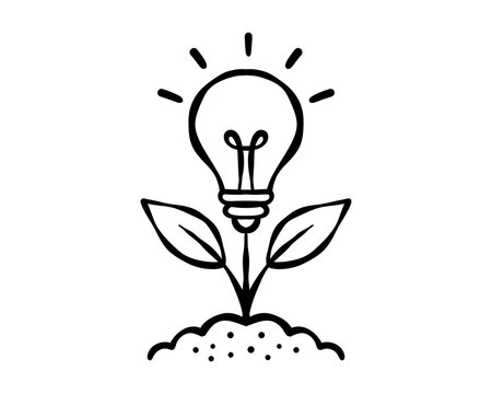 Light bulb growing from a small sprout in soil, symbolizing a developing idea, sustainable startup growth, cultivation, renewable thinking and future potential. Vector illustration.