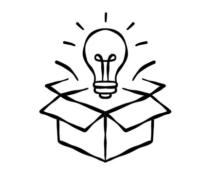 Glowing light bulb emerging from an open box, symbolizing an unexpected idea, creative reveal, product launch, discovery, opportunity and fresh business thinking. Vector illustration.