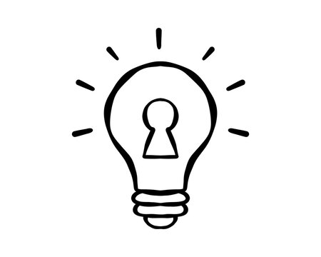 Hand drawn glowing light bulb with a keyhole at its center, symbolizing unlocking knowledge, secure access, hidden opportunity, protected ideas, privacy and discovery. Vector illustration.