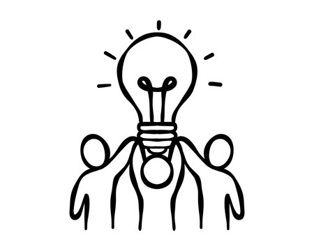 Group of people beneath a glowing light bulb, symbolizing team leadership, collaboration, shared vision, workplace unity, community and collective business ideas. Vector illustration.