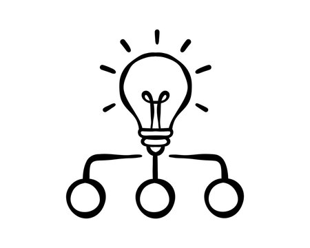 Glowing light bulb connected to three network nodes, symbolizing business structure, digital communication, organized workflow, coordination and shared information. Vector illustration.