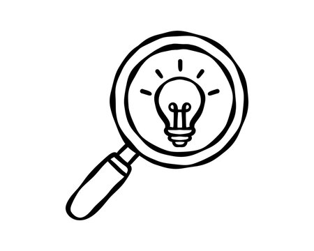 Magnifying glass examining a glowing light bulb, symbolizing research, detailed analysis, idea evaluation, investigation, insight and focused business discovery. Vector illustration.