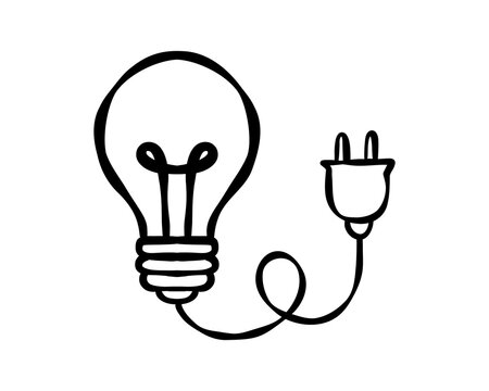 Hand drawn light bulb connected to an electrical plug and curved cable, symbolizing energy supply, powered creativity, technology, connection and ready business ideas. Vector illustration.