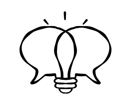 Overlapping speech bubbles forming a light bulb, symbolizing dialogue, collaborative ideas, team discussion, feedback, conversation and creative communication. Vector illustration.