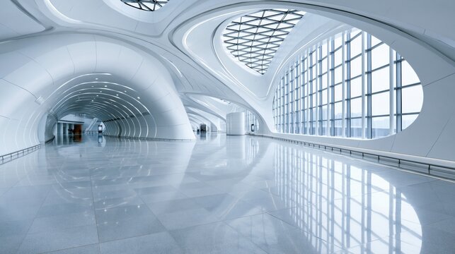 Sleek futuristic airport interior with bold modern architecture and natural light