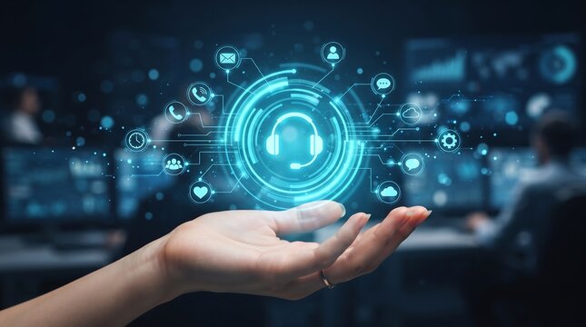 Business professional hand presenting glowing digital communication hub with icons in dark office environment signifying advanced customer support and technological integration