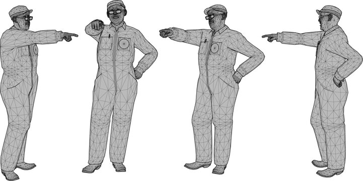 High-contrast isometric 3D character icon of a professional project supervisor foreman wearing a yellow protective hard hat and blue uniform isolated on a white background