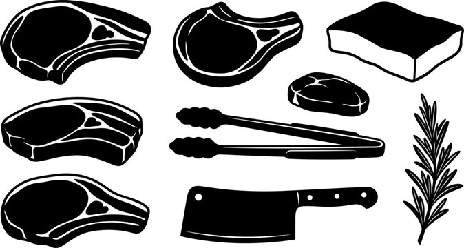 Butcher Shop Meat Steaks Silhouette Icon Set with Bone In Ribeye, Pork Chops, Cleaver Knife, Grilling Tongs, and Rosemary Vectors for Steakhouse Designs