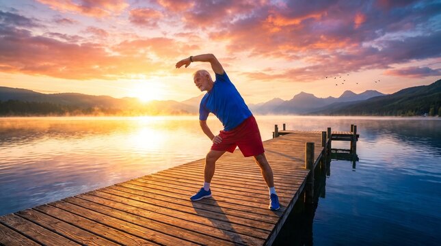 active senior man doing morning stretch on a wooden pier