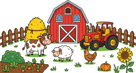 Fototapeta premium Cute Cartoon Farm Scene with Red Barn Tractor and Animals Including Cow Sheep Chicken for Kids Educational Books and Preschool Wall Art Vector