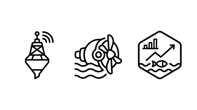 Set of marine technology and ocean data monitoring icons with monitoring propeller technology analysis research underwater industrial equipment development efficiency navigation engineering