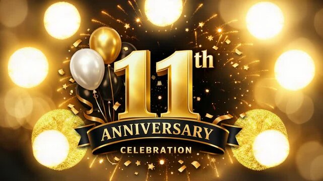 Golden 11th anniversary celebration with balloons and sparkling festive background design
