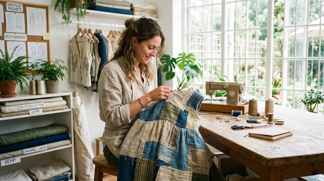 young woman designer creating clothes in bright workshop fashion concept