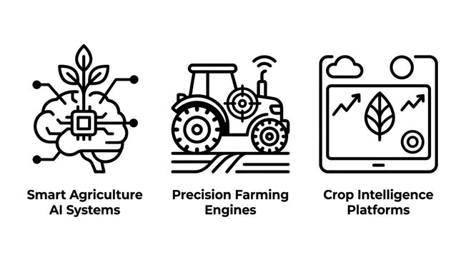 Smart agriculture AI and precision farming technology icons set with agriculture precision intelligence technology artificial automation analytics platform innovation environment monitoring
